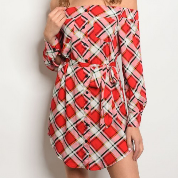 Dresses & Skirts - PLAID OFF SHOULDER TUNIC DRESS